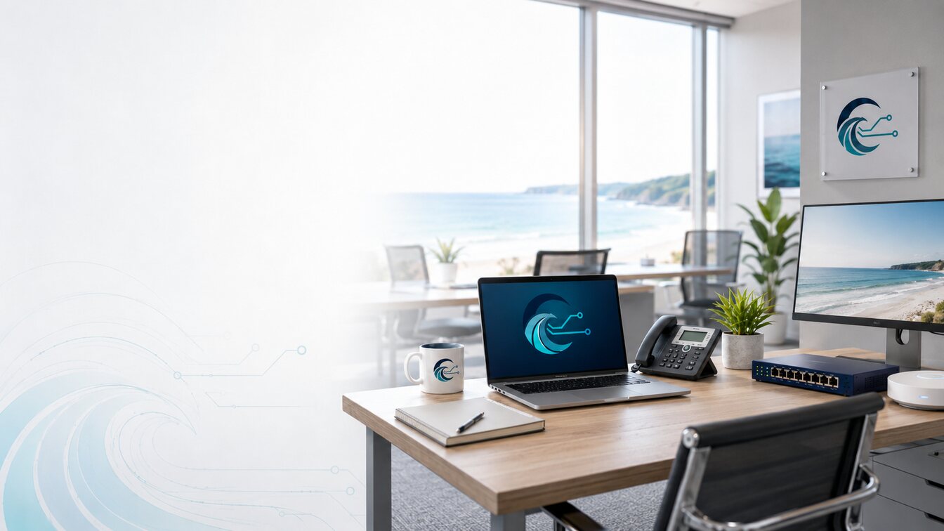 A small-office desk with a laptop, second monitor, desk phone and network switch