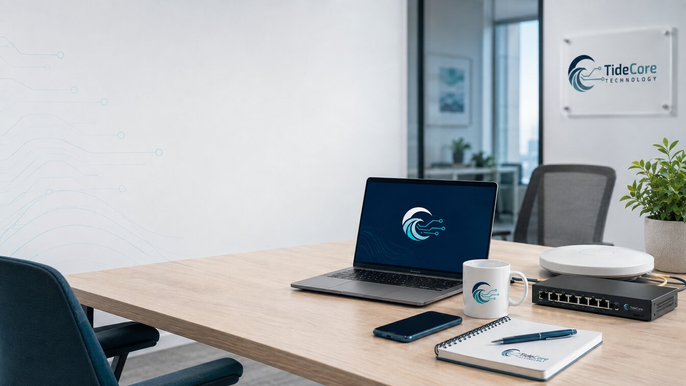 A tidy workspace with a laptop, wireless access point and network switch
