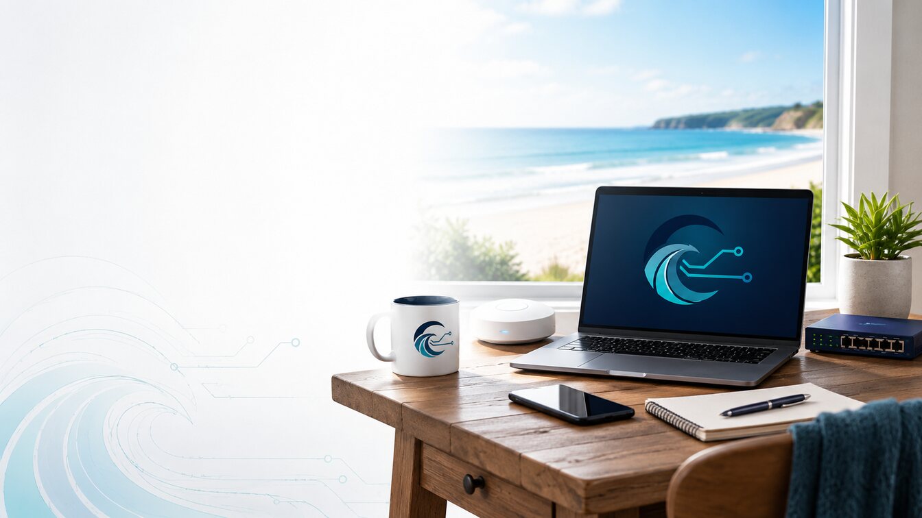 A laptop, mesh Wi-Fi unit and network switch set up on a home-office desk overlooking the coast